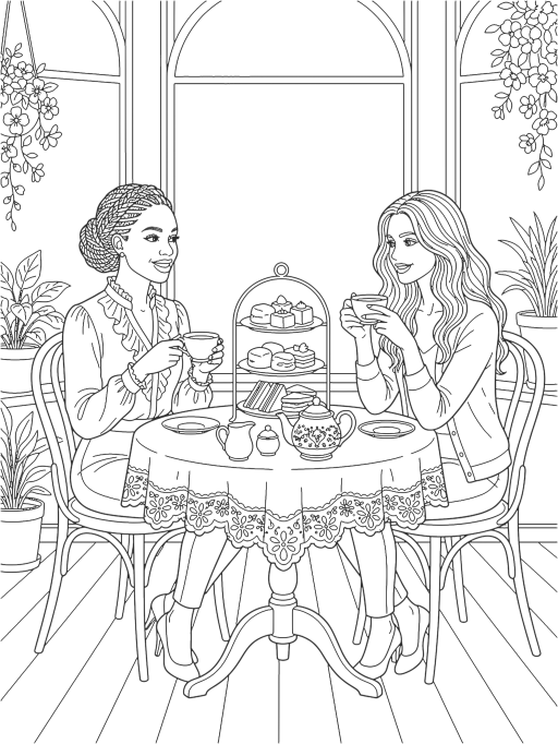 Coffee Shop line-art scene: lattes, pastries and cozy corners