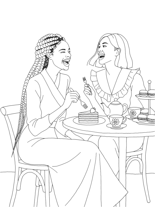 Fizz Favourites line-art scene: friends, cake and a sunny afternoon
