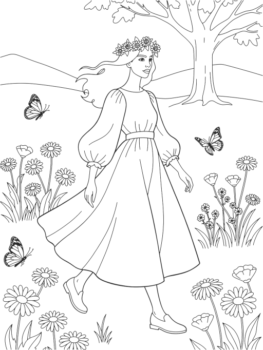 Into the Wild line-art scene: meadows, forests and seaside walks
