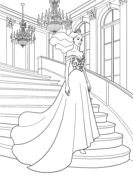 Princess line-art scene: ball gowns, tiaras and palace gardens