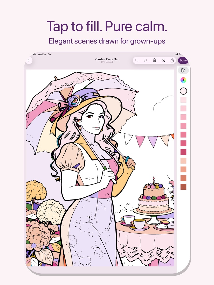 Fizz on iPad: a woman in a garden party hat, half colored in soft pinks and lilacs, with the palette beside her