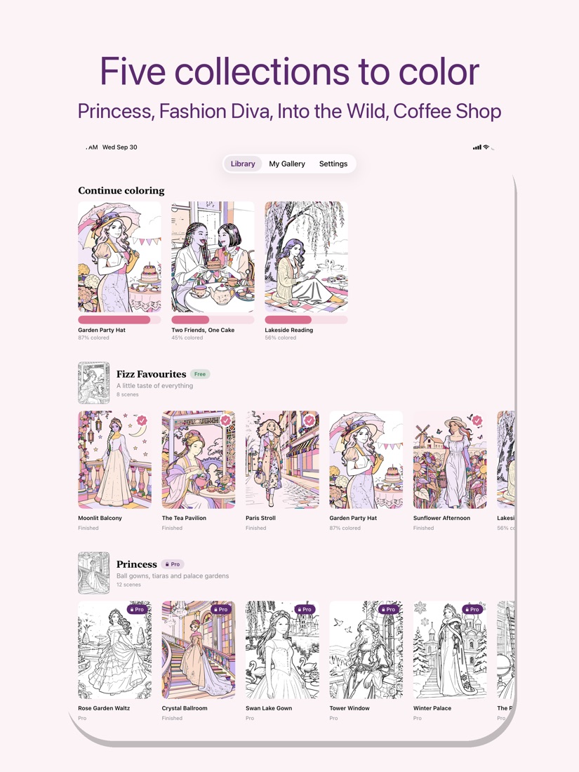 Fizz library with the Continue coloring shelf and the five collections