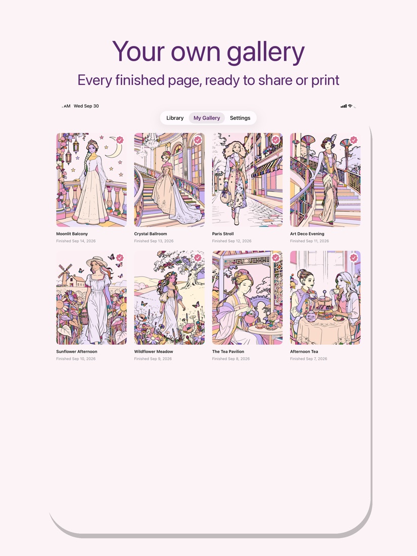 My Gallery with finished pages ready to share or print